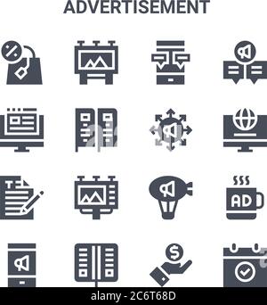 set of 16 advertisement concept vector line icons. 64x64 thin stroke icons such as billboard, blog, internet, zeppelin, pennant, event, value, campaig Stock Vector