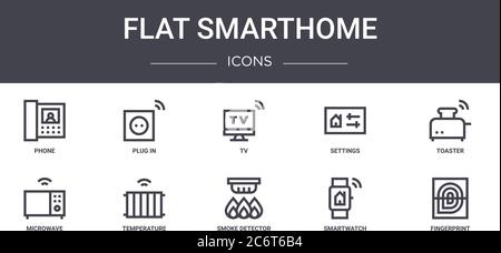 flat smarthome concept line icons set. contains icons usable for web, logo, ui/ux such as plug in, settings, microwave, smoke detector, smartwatch, fi Stock Vector