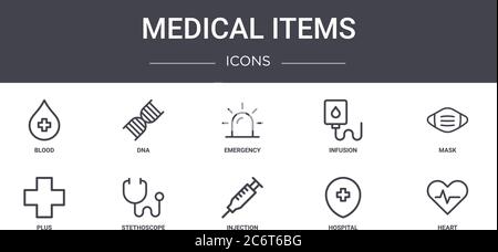 medical items concept line icons set. contains icons usable for web, logo, ui/ux such as dna, infusion, plus, injection, hospital, heart, mask, emerge Stock Vector