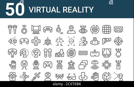 set of 50 virtual reality icons. outline thin line icons such as virtual reality glasses, augmented reality, vr, virtual controller, global Stock Vector