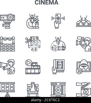 set of 16 cinema concept vector line icons. 64x64 thin stroke icons such as oscar award, theater, camera operator, script, director chair, clipper, mo Stock Vector