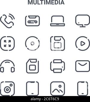 set of 16 multimedia concept vector line icons. 64x64 thin stroke icons such as tape, resize, video, printer, tablet, smartphone, images, floppy disc, Stock Vector