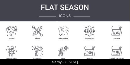 flat season concept line icons set. contains icons usable for web, logo, ui/ux such as kayak, snowflake, winter tree, cold, winter, spring calendar, a Stock Vector