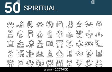 set of 50 spiritual icons. outline thin line icons such as stones, candle, buddhist, scroll, tea, lotus, torii gate, window, rosary, church Stock Vector