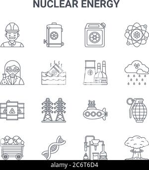 set of 16 nuclear energy concept vector line icons. 64x64 thin stroke icons such as nuclear energy, scientist, acid rain, submarine, dna, nuclear bomb Stock Vector