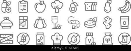 nutrition line icons. linear set. quality vector line set such as soft drink, vitamin, clock, tape measure, ginger, pumpkin, banana, avocado, nutritio Stock Vector