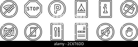 12 set of linear signals and prohibitions icons. thin outline icons such as stop, smoking area, no phone, information, parking, stop for web, mobile Stock Vector
