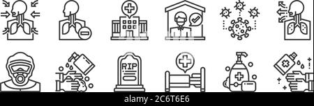 12 set of linear coronavirus icons. thin outline icons such as washing hands, hospital bed, washing hands, coronavirus, hospital, sore throat for web, Stock Vector