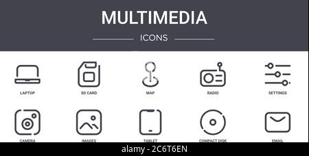 multimedia concept line icons set. contains icons usable for web, logo, ui/ux such as sd card, radio, camera, tablet, compact disk, email, settings, m Stock Vector