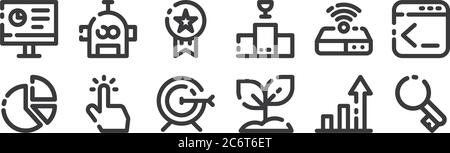12 set of linear seo marketing icons. thin outline icons such as key, tree, touch, server, badge, robot for web, mobile Stock Vector