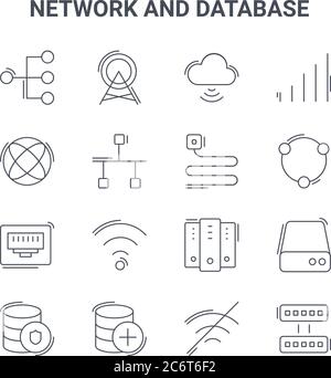 set of 16 network and database concept vector line icons. 64x64 thin stroke icons such as antenna, internet, share, server, database, servers, no wifi Stock Vector