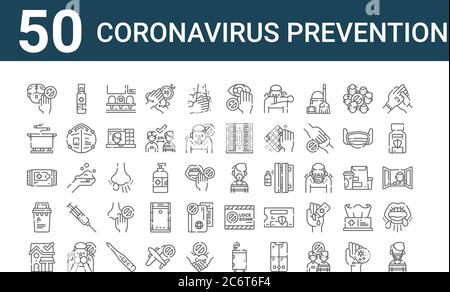set of 50 coronavirus prevention icons. outline thin line icons such as medical mask, stayhome, trash bin, wet, well, hand sanitizer, medical mask Stock Vector