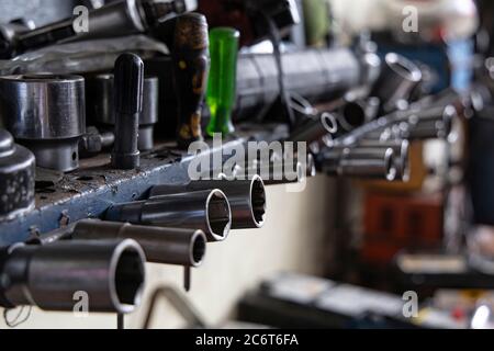 Close up A lot of socket wrench and tools at mechanic shop. Stock Photo