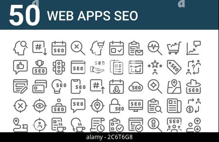 set of 50 web apps seo icons. outline thin line icons such as multi line, navigation, crossed, edit, social media, down arrow, event Stock Vector