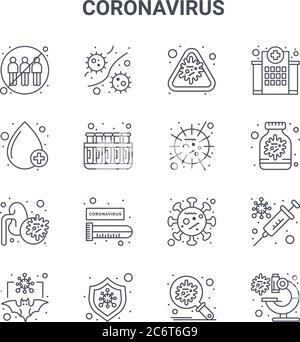 set of 16 coronavirus concept vector line icons. 64x64 thin stroke icons such as virus attack, blood, sample research, coronavirus, protection, micros Stock Vector