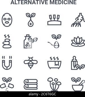 set of 16 alternative medicine concept vector line icons. 64x64 thin stroke icons such as herb, hot stones, lotus flower, hydrotherapy, towels, mortar Stock Vector