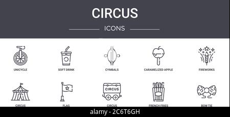 circus concept line icons set. contains icons usable for web, logo, ui/ux such as soft drink, caramelized apple, circus, circus, french fries, bow tie Stock Vector