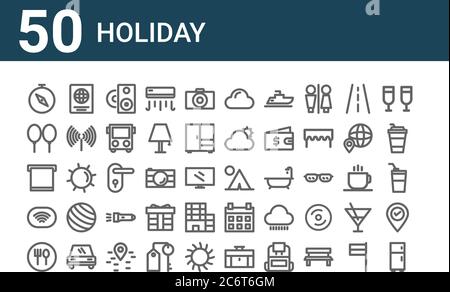 set of 50 holiday icons. outline thin line icons such as refrigerator, eat, wifi, towel, balloon, passport, tent Stock Vector