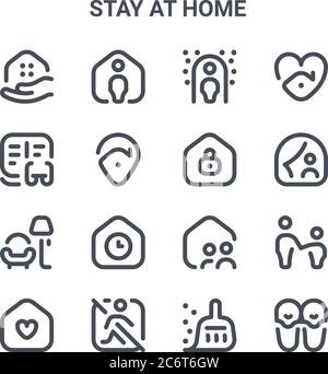 set of 16 stay at home concept vector line icons. 64x64 thin stroke icons such as stayhome, reading, stayhome, stayhome, do not go out, house, cleanin Stock Vector