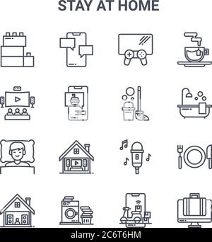 set of 16 stay at home concept vector line icons. 64x64 thin stroke icons such as chat, home theater, bathing, microphone, washing machine, working, d Stock Vector