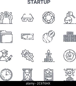 set of 16 startup concept vector line icons. 64x64 thin stroke icons such as glasses, folder, stacks, growing, hourglass, trophy, statistics, navigati Stock Vector