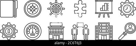 12 set of linear management icons. thin outline icons such as human resources, communication, performance, presentation, helm, compass for web, mobile Stock Vector