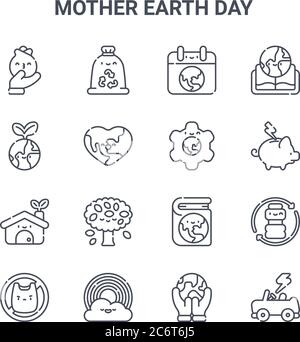set of 16 mother earth day concept vector line icons. 64x64 thin stroke icons such as eco bag, planet, save energy, ecology book, rainbow, electric ca Stock Vector