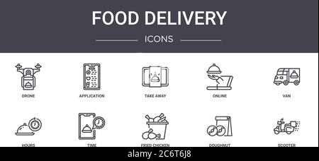 food delivery concept line icons set. contains icons usable for web, logo, ui/ux such as application, online, hours, fried chicken, doughnut, scooter, Stock Vector