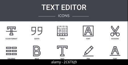 text editor concept line icons set. contains icons usable for web, logo, ui/ux such as quote, font, columns, text, pen, font, scissors, table Stock Vector