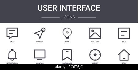 user interface concept line icons set. contains icons usable for web, logo, ui/ux such as cursor, gallery, notification, bookmark, target, home, file, Stock Vector