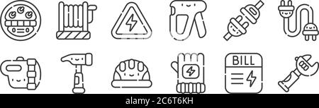 12 set of linear electrician tools and elements icons. thin outline icons such as wrench, glove, hammer, plug, electricity, cable for web, mobile Stock Vector