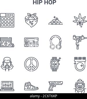 set of 16 hip hop concept vector line icons. 64x64 thin stroke icons such as bandana, money, uzi, watch, sneakers, hip hop, pistol, headphone, marijua Stock Vector