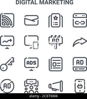 set of 16 digital marketing concept vector line icons. 64x64 thin stroke icons such as email, stats, share, news, group, online shop, announcer, billb Stock Vector