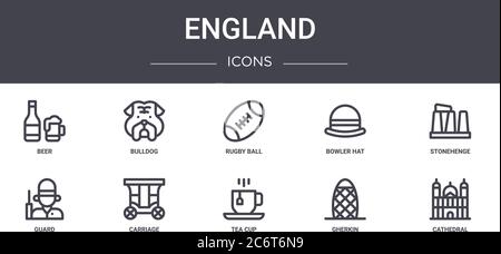 england concept line icons set. contains icons usable for web, logo, ui/ux such as bulldog, bowler hat, guard, tea cup, gherkin, cathedral, stonehenge Stock Vector