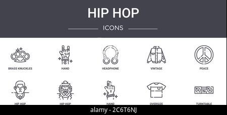 hip hop concept line icons set. contains icons usable for web, logo, ui/ux such as hand, vintage, hip hop, hand, oversize, turntable, peace, headphone Stock Vector