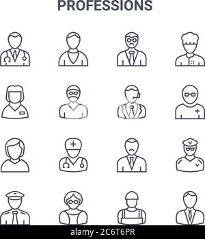 set of 16 professions concept vector line icons. 64x64 thin stroke icons such as priest, babysitter, nurse, manager, teacher, manager, plumber, , bake Stock Vector