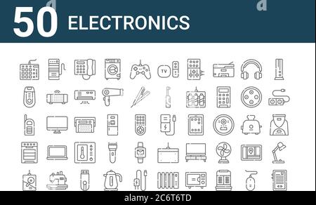 set of 50 electronics icons. outline thin line icons such as ebook, hard drive, oven, walkie talkie, razor, computer tower, power bank, remote control Stock Vector