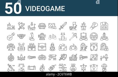 set of 50 videogame icons. outline thin line icons such as airdrop, nerf, compass, final boss, potion, buff, joystick Stock Vector