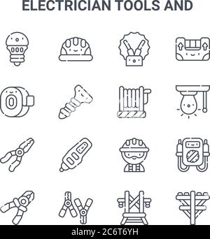 set of 16 electrician tools and concept vector line icons. 64x64 thin stroke icons such as security helmet, measuring tape, light bulb, electrician, a Stock Vector