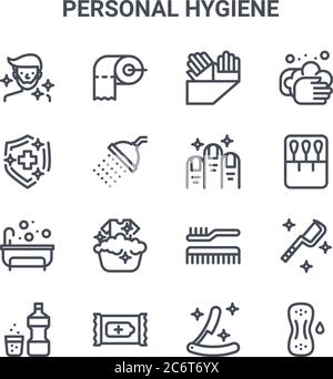 set of 16 personal hygiene concept vector line icons. 64x64 thin stroke icons such as toilet paper, guard, cotton bud, comb, napkin, sanitary pad, raz Stock Vector