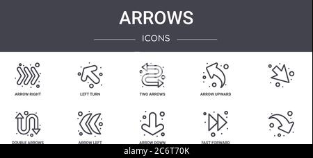 arrows concept line icons set. contains icons usable for web, logo, ui/ux such as left turn, arrow upward, double arrows, arrow down, fast forward, , Stock Vector