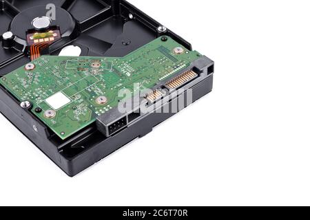 internal harddisk drive is the data storage for the digital data computer (close up) on white background  harddisk technology isolated Stock Photo