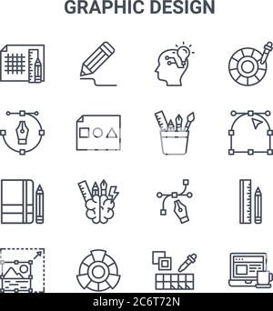 set of 16 graphic design concept vector line icons. 64x64 thin stroke icons such as drawing, pen tool, anchor point, , color wheel, working, paint swa Stock Vector