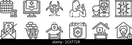12 set of linear self isolation icons. thin outline icons such as quarantine, quarantine, bulk buying, facetime, biohazard, medical assistance for web Stock Vector