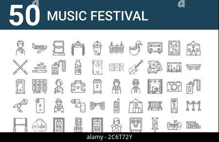 set of 50 music festival icons. outline thin line icons such as grandstand, big screen, microphone, toilet, drum, bracelet, music, stage, music, walki Stock Vector