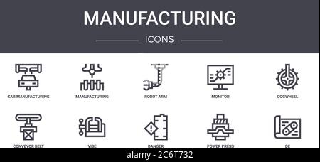 manufacturing concept line icons set. contains icons usable for web, logo, ui/ux such as manufacturing, monitor, conveyor belt, danger, power press, d Stock Vector