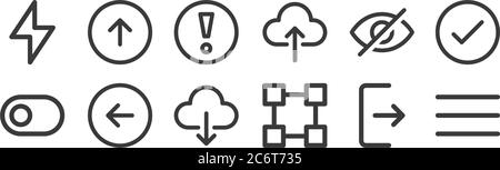 12 set of linear user interface icons. thin outline icons such as menu, transform, left, hide, exclamation, up arrow for web, mobile Stock Vector