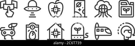 12 set of linear technology of the future icons. thin outline icons such as virtual reality, plant, egg incubator, internet of things, food, ufo for w Stock Vector