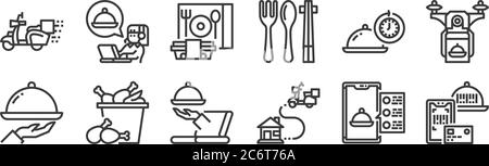 12 set of linear food delivery icons. thin outline icons such as payment method, location, fried chicken, hours, delivery box, food for web, mobile Stock Vector