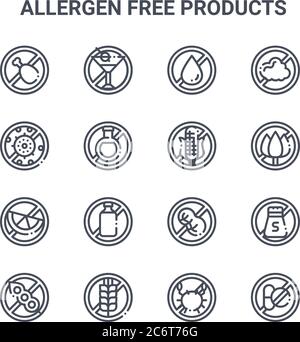 set of 16 allergen free products concept vector line icons. 64x64 thin stroke icons such as no alcohol, antibacterial, flower, peanut, wheat, medicine Stock Vector